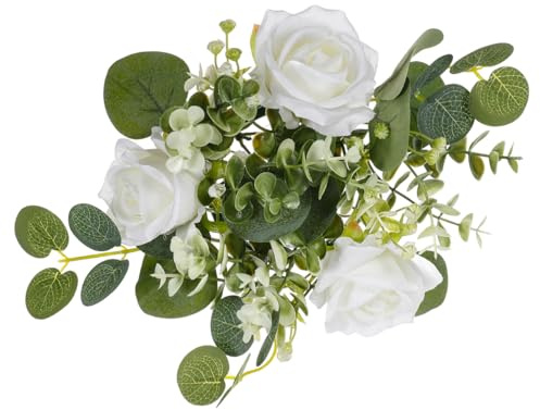 Ciieeo Artificial Rose Candle Ring, Fabric and Pe Wreath with Eucalyptus, White Floral Candlestick Decor for Home, Holidays, Table Settings and Photo Props