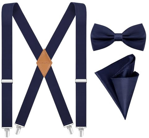 Fevaeno Hosenträger für Herren Breit 3.5cm mit Metal Clips Einstellbar und Elastisch Einheitsgröß Hosenträger Fliege Einsteckuch Set X-Nachtblau