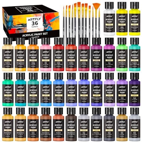 ARTFLY Pinturas Acrilicas, 36 Colores × 60ml con 12 Pinceles, No Tóxico, Impermeable, Kit de Pinturas Acrilicas para Tela Lienzo Piedra Madera, Acrilicos para Pintar para Artistas, Principiantes