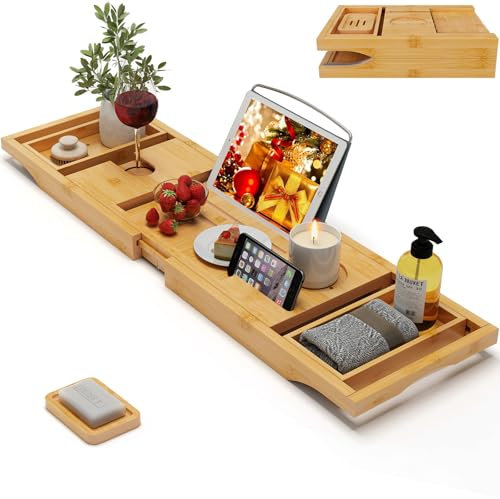Bandeja de bambú expandible para baño de lujo, accesorios de baño y mesa con soporte para copas de vino, soporte para libros, organizador de baño con lados extensibles para hombres y mujeres, natural