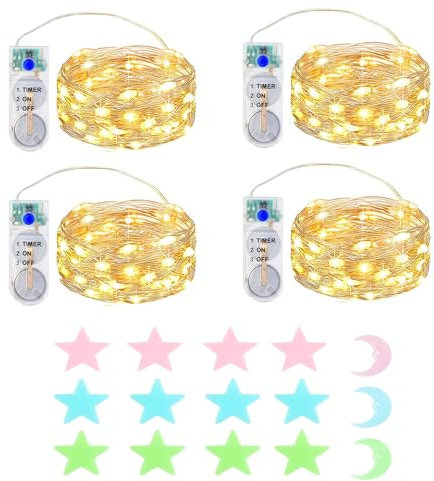 MUXIJIA 4x2M 20 LED Mini Lichterkette Innen Außen mit Timer Batterie für Party Hochzeit Weihnachten Beleuchtung Deko, mit Sterne Fluoreszierende Wandsticker