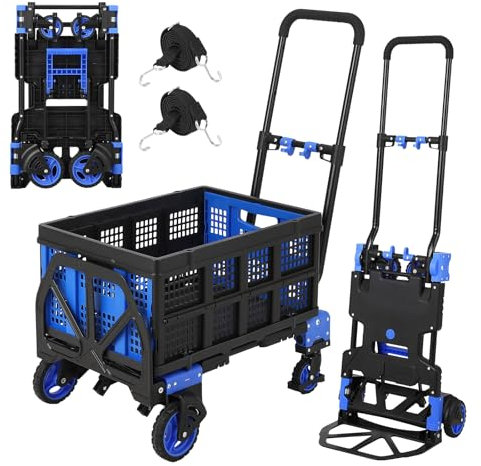 GarveeTech Carrello pieghevole a mano con cestino, carrello resistente 2 in 1 con ruote, capacità di 150 kg, carrello convertibile con manico retrattile e 4 ruote per traslochi a casa e ufficio