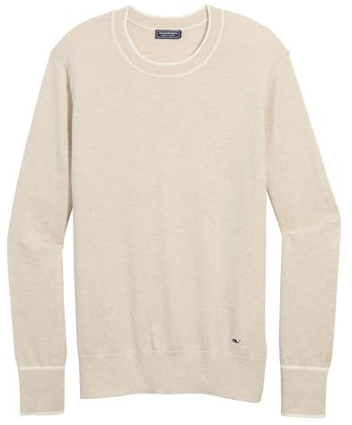 vineyard vines Women's Cotton Cashmere Heritage Tipped Crew Neck Sweater, Oatmeal Heather, Small