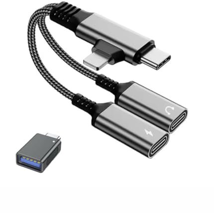 Générique USB C/Lightning to USB C Adapter, 2 in 1. 3.5mm Male to Dual USB Female Adapter Cable for Macbook Air Pro iPad Pro Galaxy (1 Grey) with Free USBC OTG Adapter