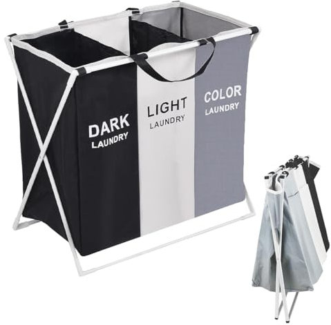 Cesto portabiancheria con 3 scomparti, 135 l, pieghevole, con telaio in alluminio, organizer autoportante per bucato scuro, chiaro e colorato, salvaspazio e durevole