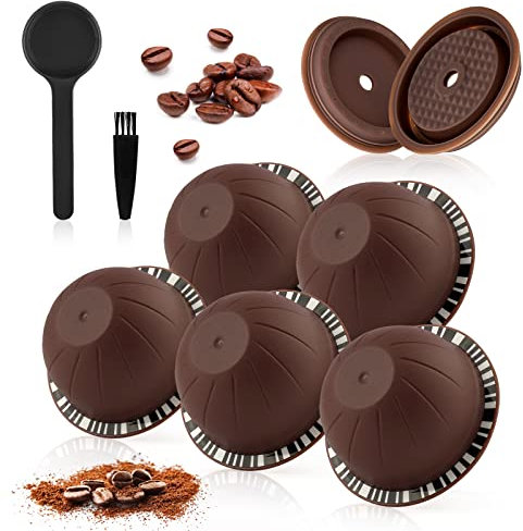 Lot de 5 capsules de café Vertuo réutilisables, 230 ml, compatibles avec les machines à café Nespresso Vertuo et VertuoLine, avec 2 couvercles de capsules de café réutilisables, cuillère et brosse –