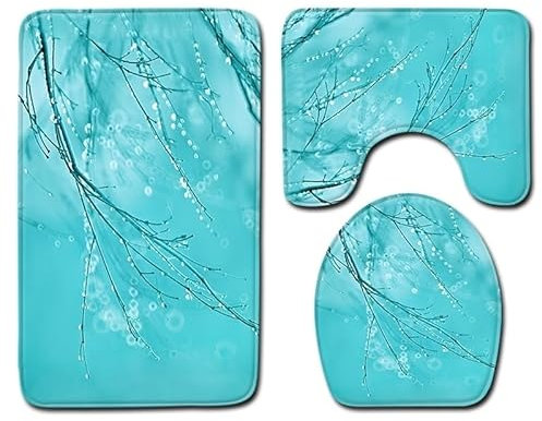 Badezimmerteppich Eleganter Blauer Baum WC Vorleger mit Ausschnitt WC Deckelbezug 3 Teiliges WC Teppich rutschfeste Badgarnitur U förmiger Badematte Waschbar Bad Teppiche Set 50x80 cm
