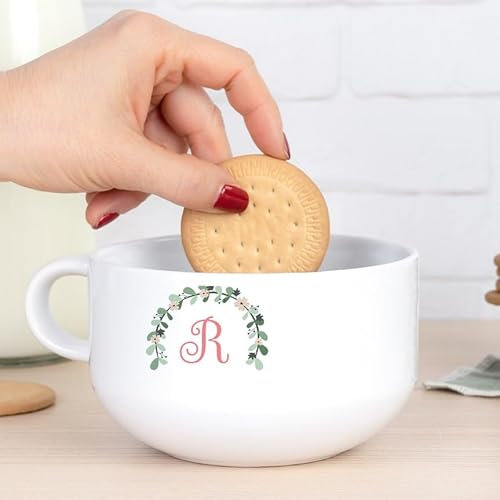 Wanapix | Personalised Breakfast Bowl with Handle | Ceramic Breakfast Bowl | Microwave and Dishwasher Safe | Initial