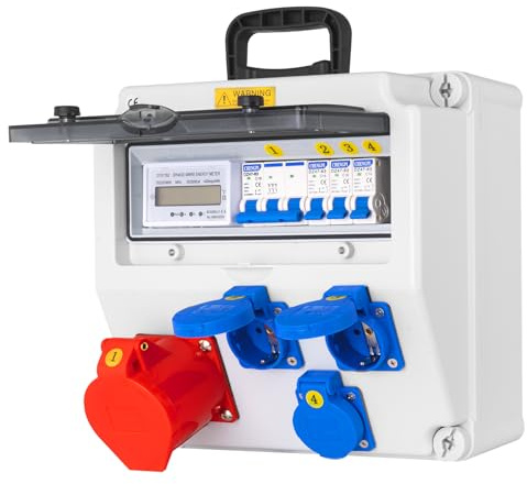 CHENGPI Baustromverteiler mit Zähler,IP65 Wasserdicht Stromverteiler mit Leitungsschutzschalter, Wandverteiler mit IP54 230V/16A Schuko Steckdose und IP44 CEE Steckdose 400V/16A