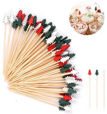 100 Stück Weihnachtsbaum Cocktailspieße,Weihnachten Holzspieße | 13cm Spieße Fingerfood,Weihnachten Zahnstocher Holz,Obstspieße,Cocktail Sticks für Grillgut,Desserts,Obst und Cocktails