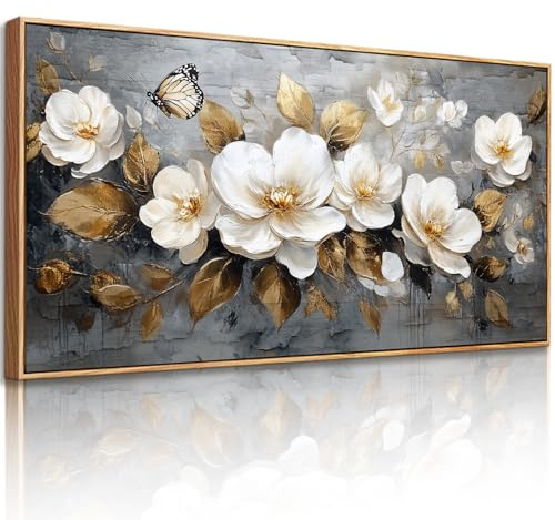 JHHUAMO Blumen Golden Moderne Bilder mit Rahmen Wohnzimmer 50x100 cm | Blumenmuster, Exquisite Handwerkskunst, Hochauflösender Druck, Einfaches Aufhängen, Vielseitig Einsetzbar
