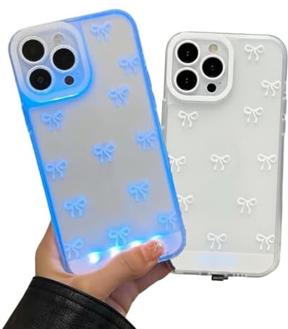 INSDHCCHD LED-Glitzer-Schutzhülle, leuchtende LED-Schleifen-Handyhülle for iPhone 17/16/15/14/13/12/11 Pro Max, for Frauen und Mädchen(White,iPhone 12 Pro Max)