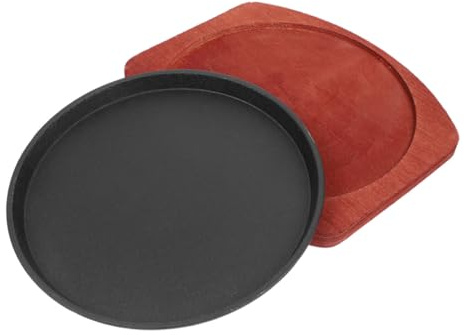 SECFOU Plato de Hierro Fundido Redondo con Base de Madera Antiadherente para Asar Bistec y Fajitas Compatible con Cocina de Inducción y Gas