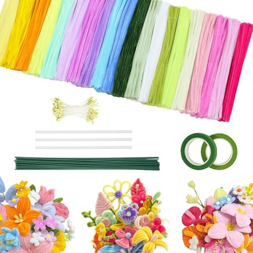 500 Stück Pfeifenreiniger Blumen Set, 20 Farben Pfeifenputzer zum basteln | Pipe Cleaner mit 25 Stück Blumendraht Grün, Klebeband, Geeignet als Geschenk zum Valentinstag und Weihnachten
