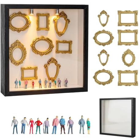 DIY Mini Museum Silhouette Box Foto Erinnerungsanzeige Set mit 8 Mini Goldene Rahmen 10 Mini Menschen Figuren Museum Kreatives Bilderrahmen zum Befüllen mit LED Licht für Jahrestag Hochzeit Dekoration