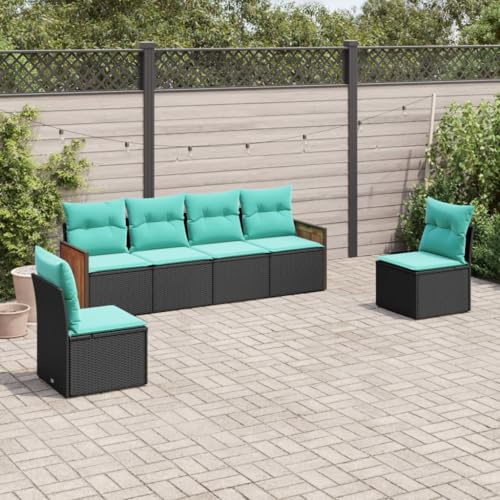 LoogCape 6-teiliges Gartensofa-Set, schwarzes Polyrattan, mit blauen Kissen, modular, wetterfest für Terrasse, Balkon und Garten, langlebiges Outdoor-Möbelset