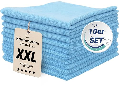 ZOLLNER 10er Set Mikrofasertücher für streifenfreien Glanz - flusenfreie und saugstarke Reinigungstücher - waschbar bis 60°C - 40x40cm in hellblau - Hotelqualität