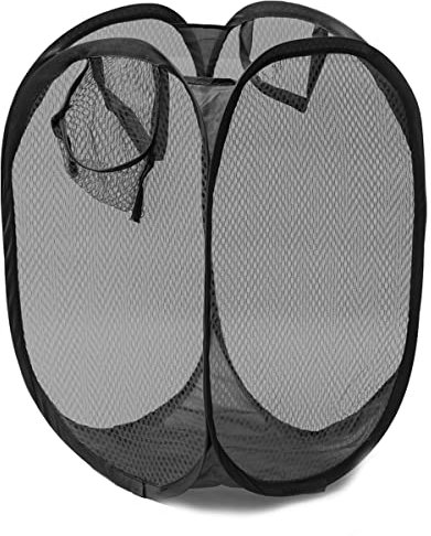 JJ PRIME - UK Foldable Pop Up Mesh Washing Laundry Basket Bag Fabric Bin Hamper Toy Tidy Storage Organiser Organizer (Black)