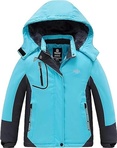 Wantdo Mädchen Berg Ski Jacke Warmer Winter Fleece Mäntel Wasserdichter Atmungsaktive RegenMäntel Outdoor Kapuzen Jacken Blau 152-158