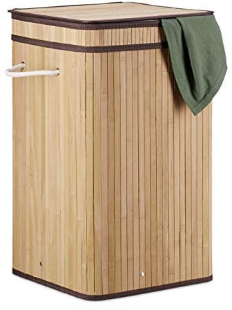 Relaxdays Corbeille Pliable Bambou Anse 70 litres Panier carré Coffre Linge Sale Pliant HxØ: 63 x 36 cm, Nature