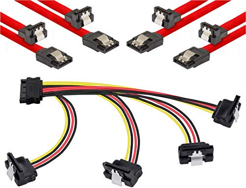POPPSTAR Sata Kabel Set (Stecker gerade-90° gewinkelt), 4x 0,5m Sata 3 Datenkabel, rot + 20cm 4-Fach Y-Stromkabel Adapter