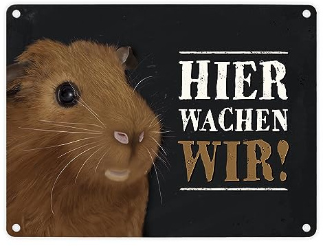 Metallschild mit Meerschweinchen Motiv und Spruch: Hier wachen wir!