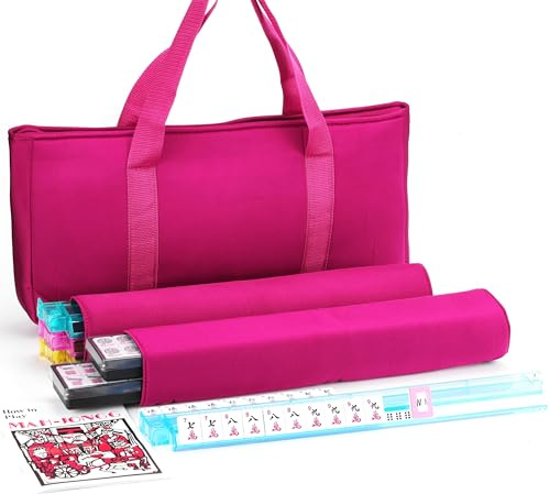 Mose Cafolo American Mahjong Spielset, pinkrote Tragetasche, 166 hochwertige weiße Fliesen, 4 farbige Racks/Drücker, 100 Chips, 1 Windanzeige, Western-Mahjong-Fliesen-Set, komplettes Ma Jong-Set