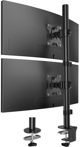 HUANUO Vertical Monitor Mount, Dual Monitor Stand with Height Adjustment, Vertical Stack Screen Supports Two 17 to 32 Inch Computer Monitors with C Clamp Grommet Base
