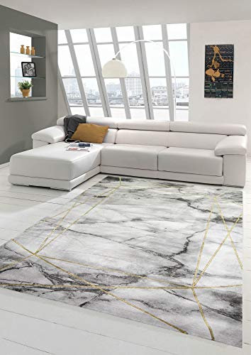 Teppich-Traum Wohnzimmer Designerteppich LÄUFER Marmor Optik mit Glanzfasern in grau Gold, Größe 80x150 cm