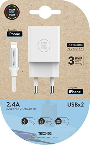 Cargador tech one tech 2.4 doble usb + cable braided nylon micro usb apple longitud 1 mt color blanco
