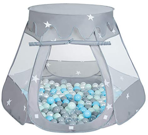 Selonis Baby Spielzelt Mit Plastikbällen Zelt 105X90cm/200 Bälle Plastikkugel Kinder, Grau:Perle-Grau-Transparent-Babyblau-Mint