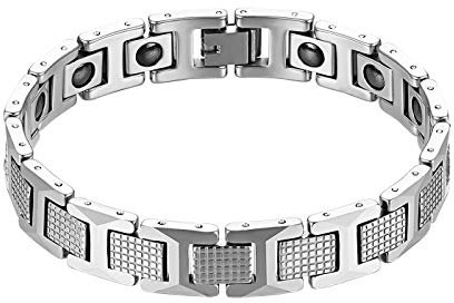 JewelryWe Schmuck Herren Magnetarmband, Edelstahl Magnet Therapie Kugel Kariert Rechteck I Link Handgelenk Kette Armband Gliederarmband für Männer Junge, Silber