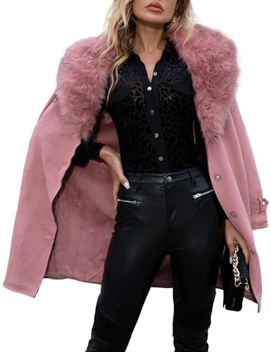Giolshon Giacca a Vento da Donna in Ecopelle Scamosciata, Lungo Cappotto Invernale Caldo con Collo in Pelliccia Staccabile FF20 Rosa XL