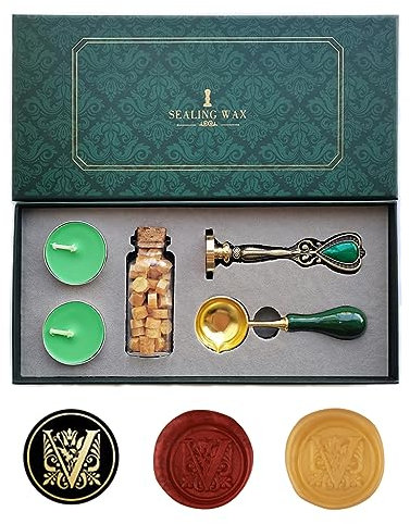 Ausgefallene Buchstaben V Wachssiegel-Stempelset, AMTOL Wachssiegel-Stempelset im europäischen Stil, Geschenkbox-Set, Vintage personalisierte Wachssiegel-Stempel für Briefkarten-Einladungen (V)