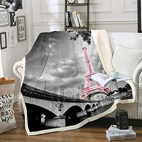 Homemissing Eiffelturm Decke 130x150cm Mädchen Rosa Paris Thema Kuscheldecke für Schlafsofa Couch Moderne Paris Stadtlandschaft Wohndecke Moderne Französisch Flanell Fleecedecke Schlafzimmer Dekor