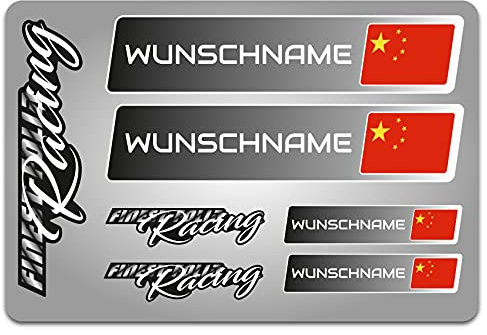 4er Set Aufkleber mit Fahne Flagge und wahlweise Name Sticker für Auto Fahrrad Motorrad Roller Helm im Rallye Racing Design R156 (07 China, Mit Wunschname)