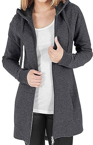 Felpe con Cappuccio Donna Manica Lunga Cappotto con Zip Cappotto Scollo a V Top Casual Chic Eleganti Tinta Unita Felpa Cardigan Autunno Invernali Felpe,Grigio scuro XXL