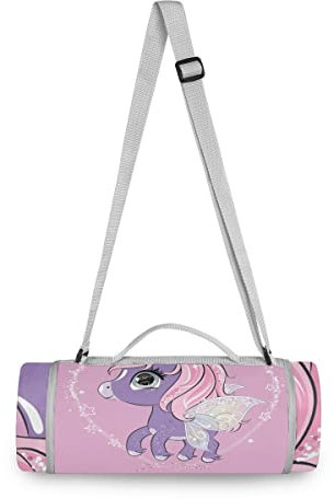 BEUSS Einhorn Schmetterling Lila Liebe Picknickdecke wasserdicht Kreative Runde Picknick-Matte Kampierende Strand Yoga Decken Matten im Freien Faltbar Leicht Matte Decke mit Tragegriff(148cm x 148cm)