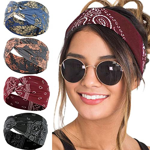 LIHELEI Stirnband Damen Breite, Boho Knot Haarband für Damen Yoga Sport Haarbänder, Elastische Haarschmuck Turbane-4 Stück