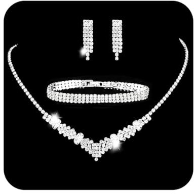 Ushiny Brautschmuck-Set, glitzernde Strass-Halskette, Ohrring-Armband, Kristallquaste, baumelnder Tropfen-Ohrstecker Armband-Schmuck für Frauen und Mädchen