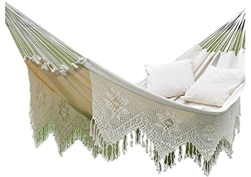 WSZGR Luxus-Hängematte mit Fransen, Hängematte Outdoor, Weiß Hängematte Baumwolle Hängematte mit Tragetasche für Indoor Balkon Garten Reisen Camping Strand mit Kissen(240 * 160cm)