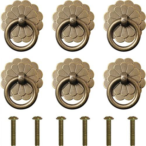 LUORNG 6 Stück 2,5 cm Vintage Stil Ziehringe Schublade Ring Ziehgriffe Vintage Dekorative Griffe Messing Ring Ziehgriff für Küche Möbel Schrank Kommode