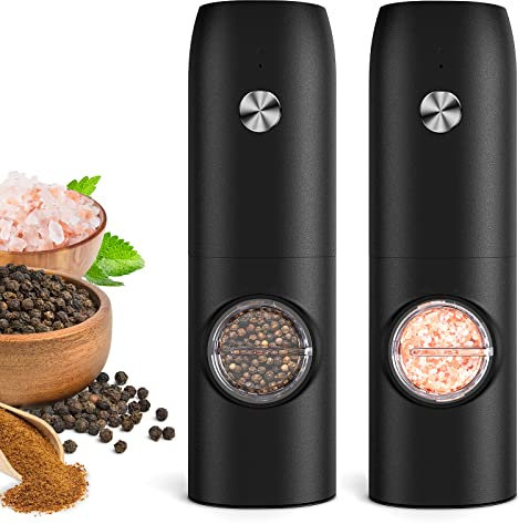 Electric Salt and Pepper Grinder Set, Rechargeable Automatic Pepper Mill Grinder with LED Light, Adjustable Coarseness shakers, One-Hand Operation for Kitchen(2 Pack,Black+Black)