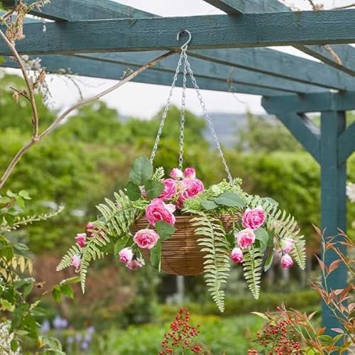 Garden Mile 12'' Artificial Flower Hanging Basket Garden Planter with Fake Flowers Rattan Basket with Faux Pink Flowers Hanging Plant Pot Large Outdoor Wicker Basket with Fake Flowers