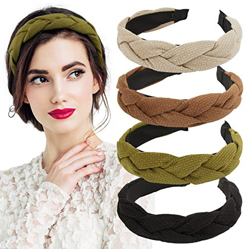 BETESSIN 4Pcs Haarreifen Dirndl Geflochten Stoff Breit Haarband Trachten Haarreif Schwarz Grün Geflochtenes Stirnband Damen Mädchen Vintage Rockabilly Mode Haarschmuck Kopfband Fasching Mottoparty