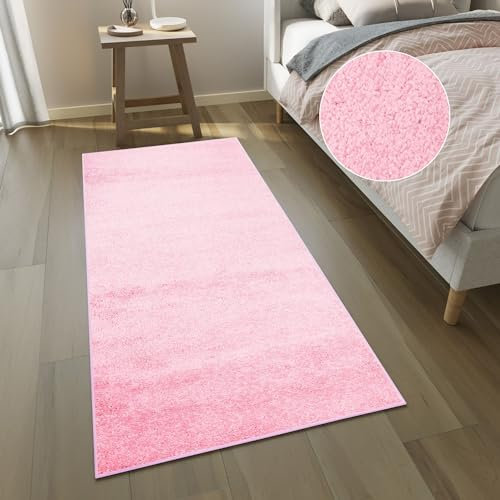 TAPISO Delhi Tapis de Passage Poils Longs Shaggy Moderne Rose Uni Tapis Couloir Long Salon Chambre Adulte Descente de Lit Moelleux Epais Oeko-TEX 80 x 300 cm