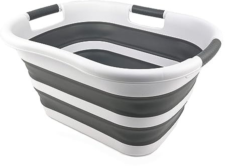 SAMMART 30L zusammenklappbarer Kunststoff-Wäschekorb – faltbarer Pop-Up-Aufbewahrungsbehälter/Organizer – tragbare Waschwanne – platzsparender Korb/Korb (Weiß/Stahlgrau)