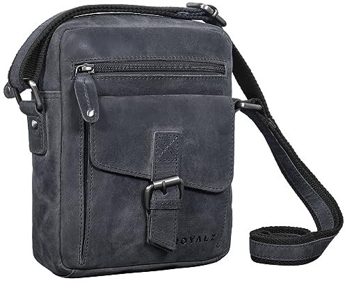 ROYALZ 'Knoxville' kleine Ledertasche Herren Vintage Männer Umhängetasche Mini Messenger Bag Schultertasche klein, Farbe:Navy Grau