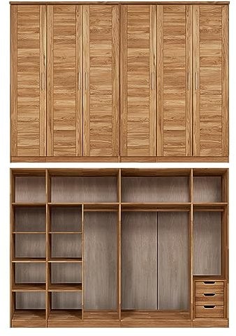 Lomadox Schlafzimmer Schlafzimmerschrank Schrank 6-türiger Massivholz Kleiderschrank mit Kleiderstange, Schubkasteneinsatz und Einlegeböden in Wildeiche massiv, B/H/T: ca. 285/210/61 cm