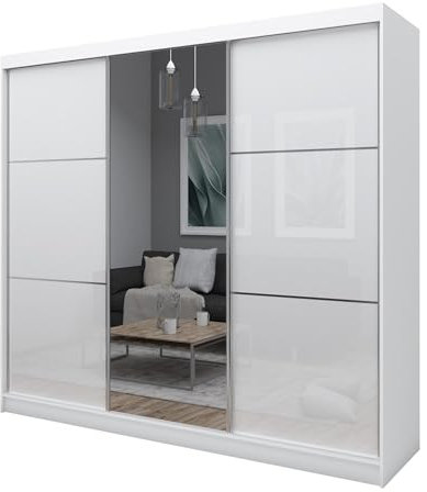 Mars Meble Viva Kleiderschrank mit Hochglanz Schiebetür Garderobenschrank Schrank mit Schiebetüren Kleiderstangen Garderobe mit Spiegel, Farbe: Weiß, Breite: 240 cm
